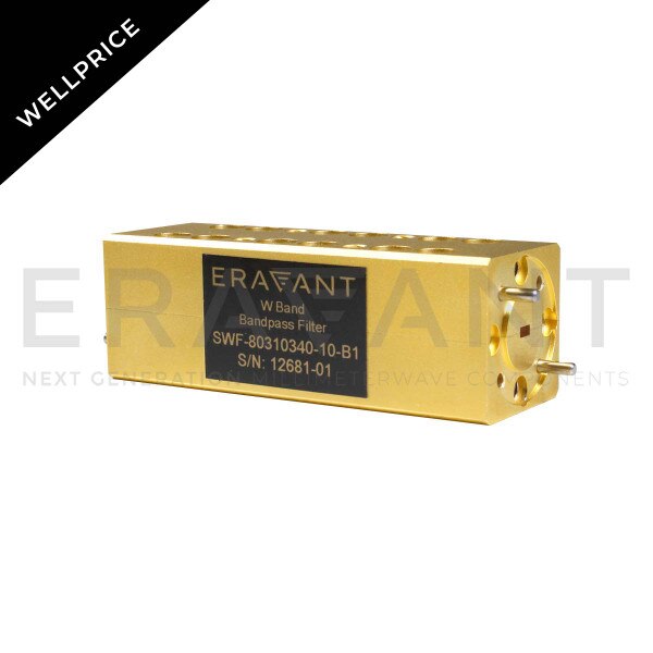 WR-08 Waveguide Bandpass Filter, Wellprice, 105 to 138 GHz Passband, 40 dB Rejection from DC to 96 GHz and 145 to 170 GHz, F-Band