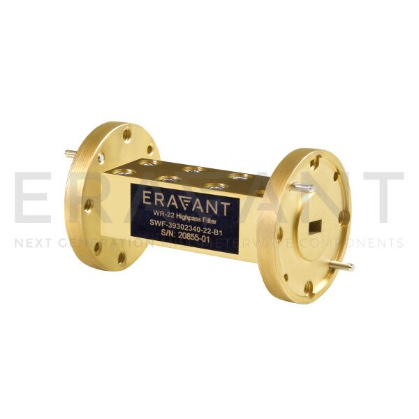 WR-22 Waveguide Bandpass Filter, 38 to 40 GHz Passband, 40 dB Rejection from DC to 34 GHz and 44 to 48 GHz, Q-Band